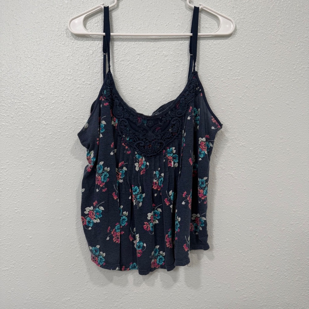 Aeropostale Womens XXL‎ Navy Blue Floral Crochet Lace Trim Cami Tank Top
